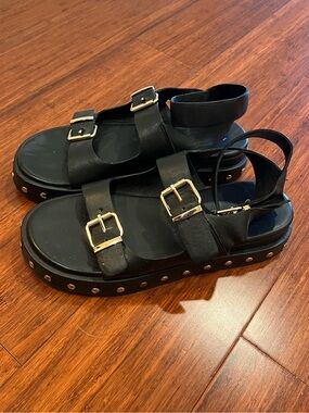 Matisse Black Platform Sandals with Gold Buckles and Studs